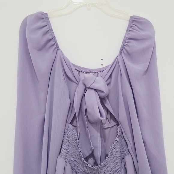 Exlura tie back long lantern sleeve elastic waist ruffle hem flowy mini dress - Picture 6 of 6